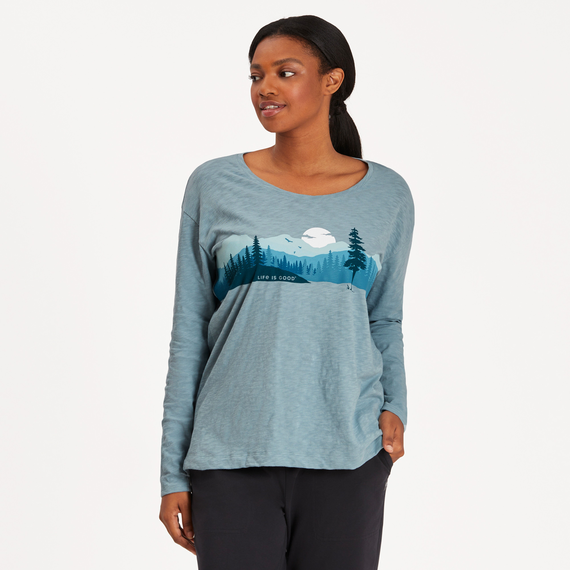 Life Is Good Women's Outdoor Mountain Landscape Relaxed Fit Long Sleeve Slub Tee Smoky blue
