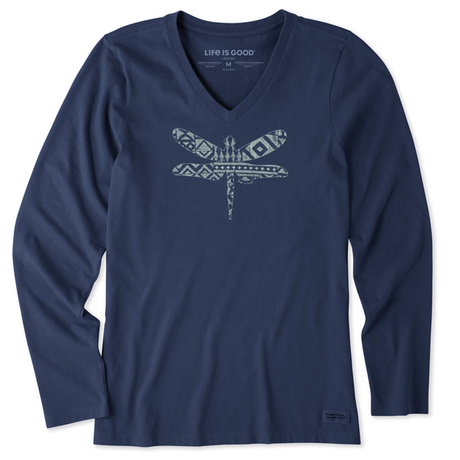 Life Is Good Women's Patterned Dragonfly Long Sleeve Crusher Vee Darkest blue