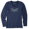 Life Is Good Women's Patterned Dragonfly Long Sleeve Crusher Vee Darkest blue