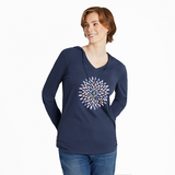 Life Is Good Women's Pretty Flower Burst Long-Sleeve Crusher-LITE Hooded Tee - Darkest Blue Darkest Blue