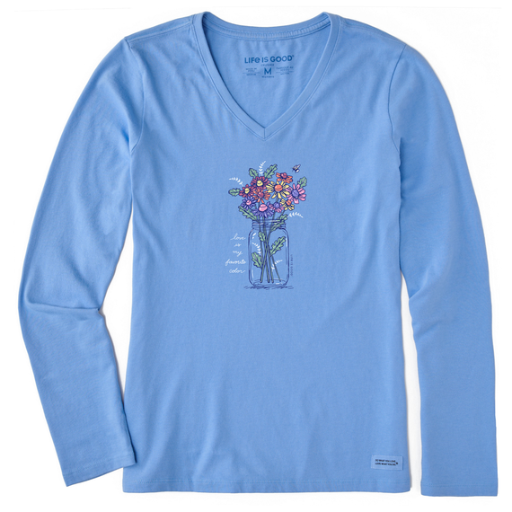 Life Is Good Women's Relaxed Rainbow Love Daisies Long-Sleeve Crusher-LITE Vee - Cornflower Blue Cornflower Blue