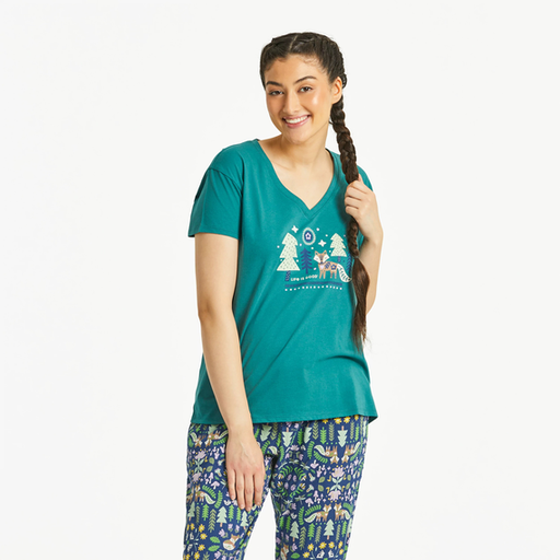 Life Is Good Women's Starry Night Nordic Fox Snuggle Up Relaxed Short-Sleeve Vee - Spruce Green Spruce Green