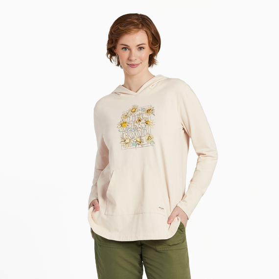 Life Is Good Women's Sunflower Sketch Crusher-FLEX Hoodie Tunic - Putty White Putty White