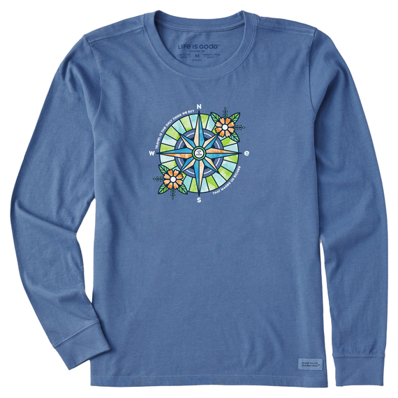 Life Is Good Women's Washy Floral Compass Richer Long-Sleeve Crusher-LITE Tee - Vintage Blue Vintage Blue