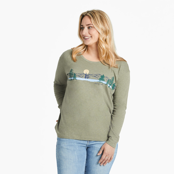 Life Is Good Women's Water Vista Relaxed Fit Long-Sleeve Slub Tee - Moss Green Moss Green