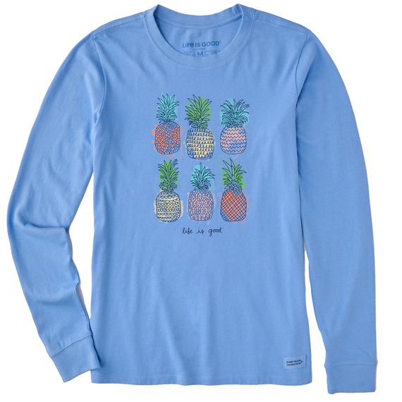 Life Is Good Women's Watercolor Pineapples Long Sleeve Crusher-lite Tee Cornflower blue
