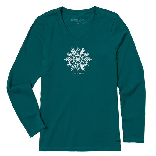 Life Is Good Women's Watercolor Snowflake Long Sleeve Crusher Vee Mallard green