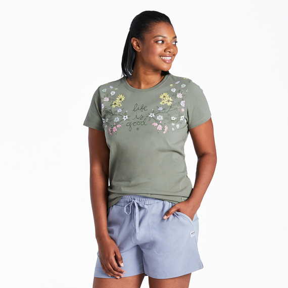 Life Is Good Women's Woodland Florals Short-Sleeve Crusher Tee - Moss Green Moss Green