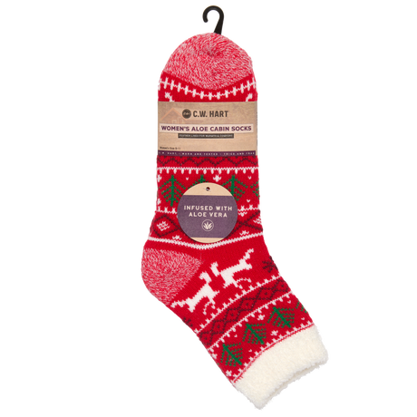 C.W. Hart Cozy Cabin Xmas Reindeer Sock With Aloe - Red/White/Green Red/White/Green