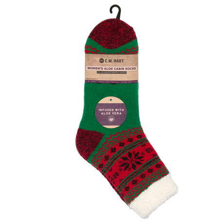 C.W. Hart Cozy Cabin Xmas Snowflake Sock With Aloe - Red/Green Red/Green