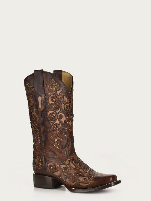 Corral Boots Inlay Studs And Embelished Square Toe Brown