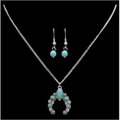 Silver Strike Squash Blossom Turquoise Stone Jewelry Set - Silver & Turquoise Silver & Turquoise