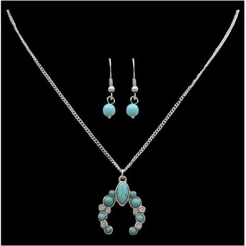 Silver Strike Squash Blossom Turquoise Stone Jewelry Set - Silver & Turquoise Silver & Turquoise
