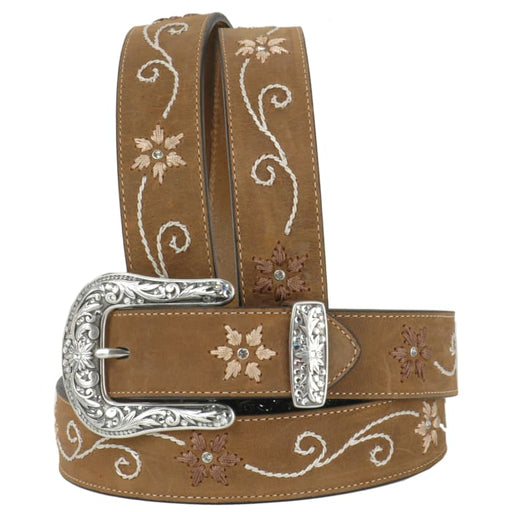 Nocona Womens Floral Rhinestone Embroidered Leather Belt - Medium Brown Bay Apache Brown /  / 1-1/2 in.
