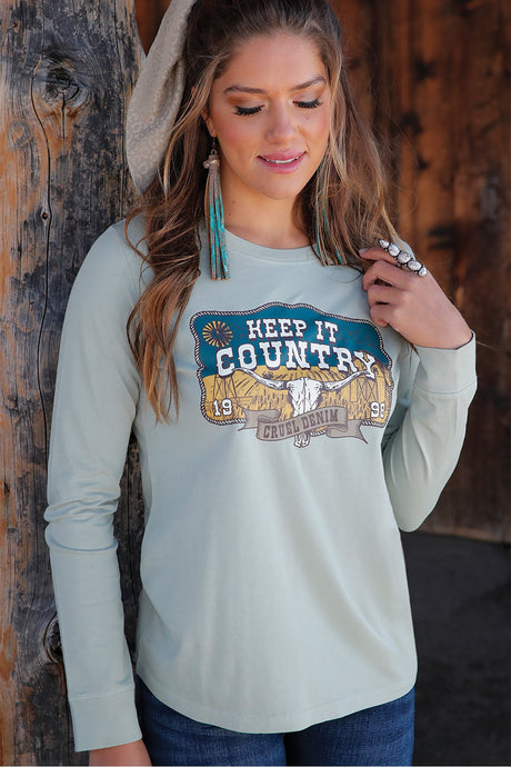 Cruel Girl Women's Long Sleeve Keep It Country Tee - Green - (CTK7459005) Green