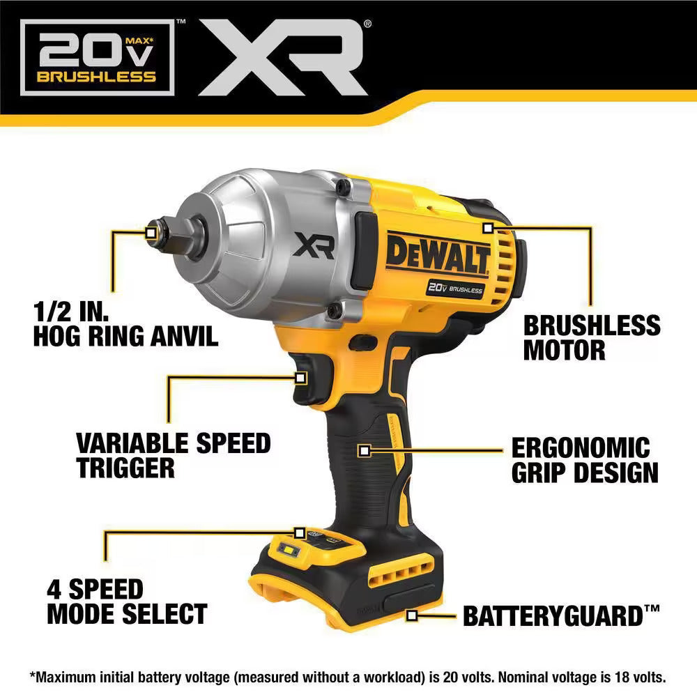 Dewalt 20V MAX XR 1/2 in. High Torque Impact Wrench with Hog Ring Anvil (Tool Only)