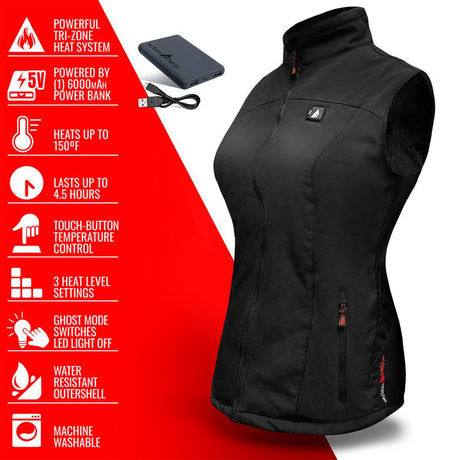 Action Heat Women's 5V Battery Heated Softshell Vest - Black Black