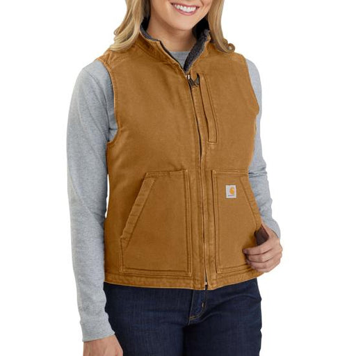 Carhartt Women's Relaxed Fit Washed Duck Sherpa Lined Mock Neck Vest 211 carharttbrown