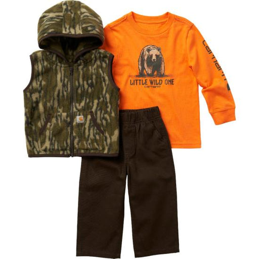 Carhartt Boy's Long-sleeve Bear T-shirt, Camo Vest And Pant Set Mustang brown