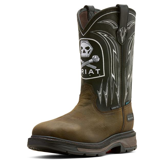 Ariat Workhog Xt Bolt Skull Waterproof Wide Square Toe Carbon Work Boots In Iron Coffee Black