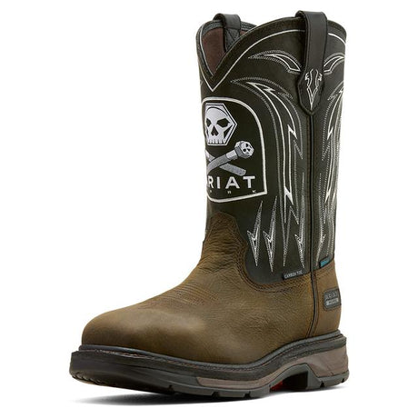 Ariat Workhog Xt Bolt Skull Waterproof Wide Square Toe Carbon Work Boots In Iron Coffee Black