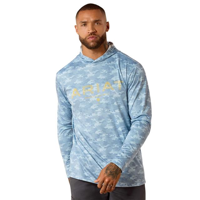 Ariat Rebar Sunblocker Printed Craft Hooded Long Sleeve T-shirt In Dusty Blue