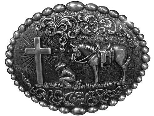 Nocona Oval Cowboy Prayer Buckle Silver