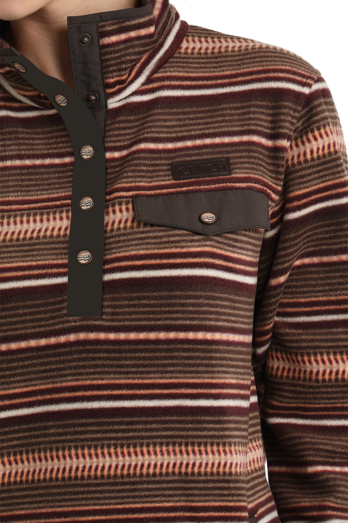 Cinch Women's Striped Fleece Pullover - Brown/Coral - (MAK9819009)