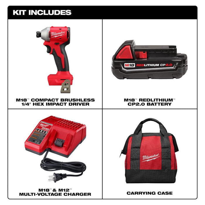 Milwaukee M18 Compact 1/4 in Hex Impact Driver Kit - Battery, Charger & Tool Bag