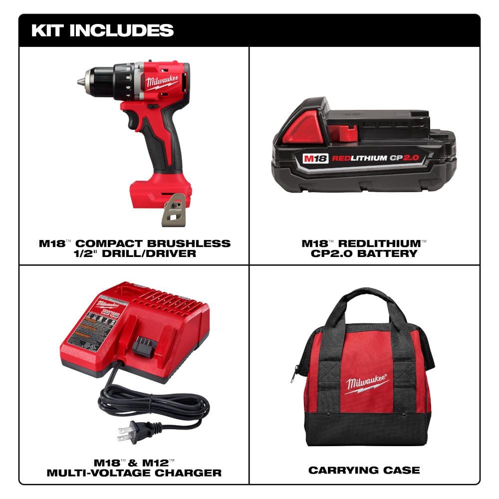 Milwaukee M18 18V Lithium-Ion Brushless Cordless 1/2 in. Compact Drill/Driver Kit - Battery, Charger & Tool Bag