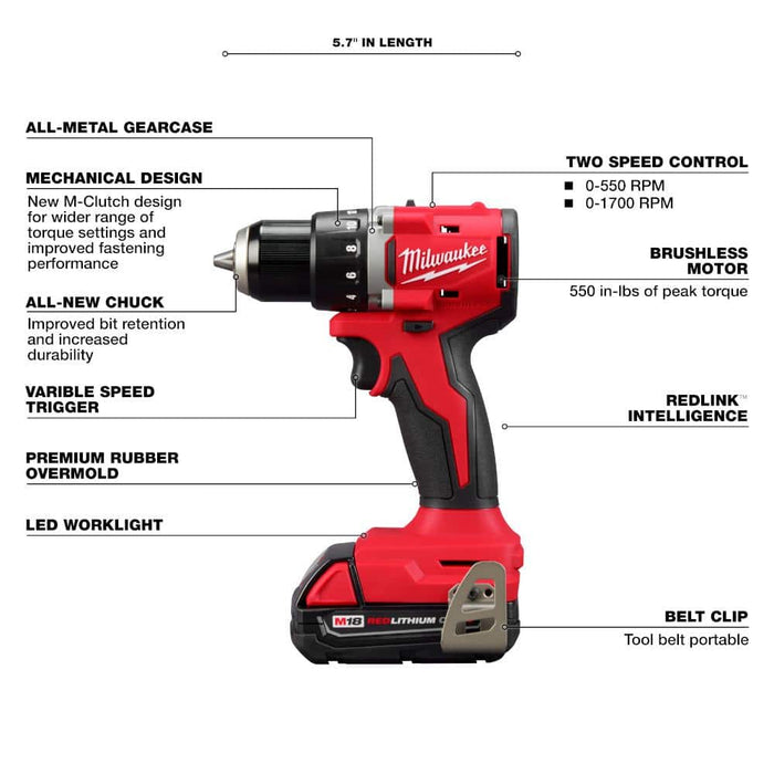 Milwaukee M18 18V Lithium-Ion Brushless Cordless 1/2 in. Compact Drill/Driver Kit - Battery, Charger & Tool Bag