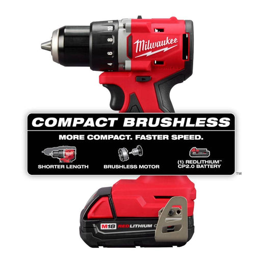 Milwaukee M18 18V Lithium-Ion Brushless Cordless 1/2 in. Compact Drill/Driver Kit - Battery, Charger & Tool Bag