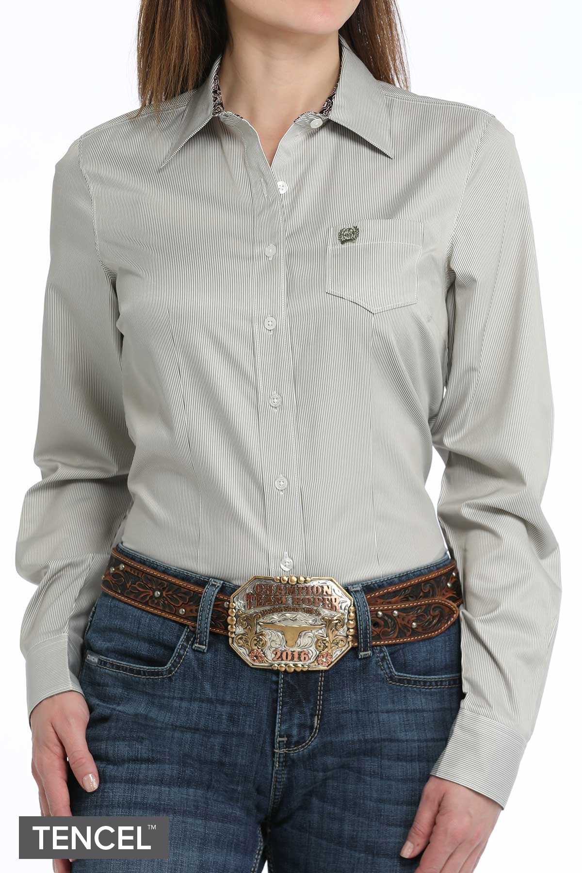 Cinch Women's Stripe Button-Down Western Shirt - Olive/White - (MSW9164233) Olive