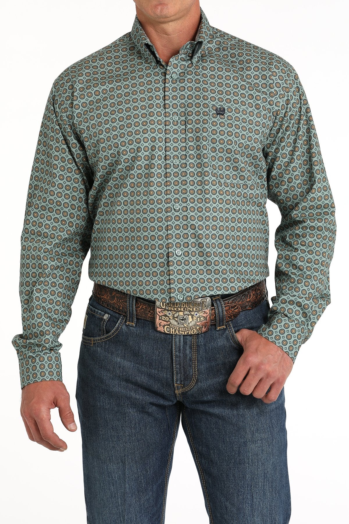 Cinch Men's Geometric Print Button-Down Western Shirt - Green - (MTW1105812) Green