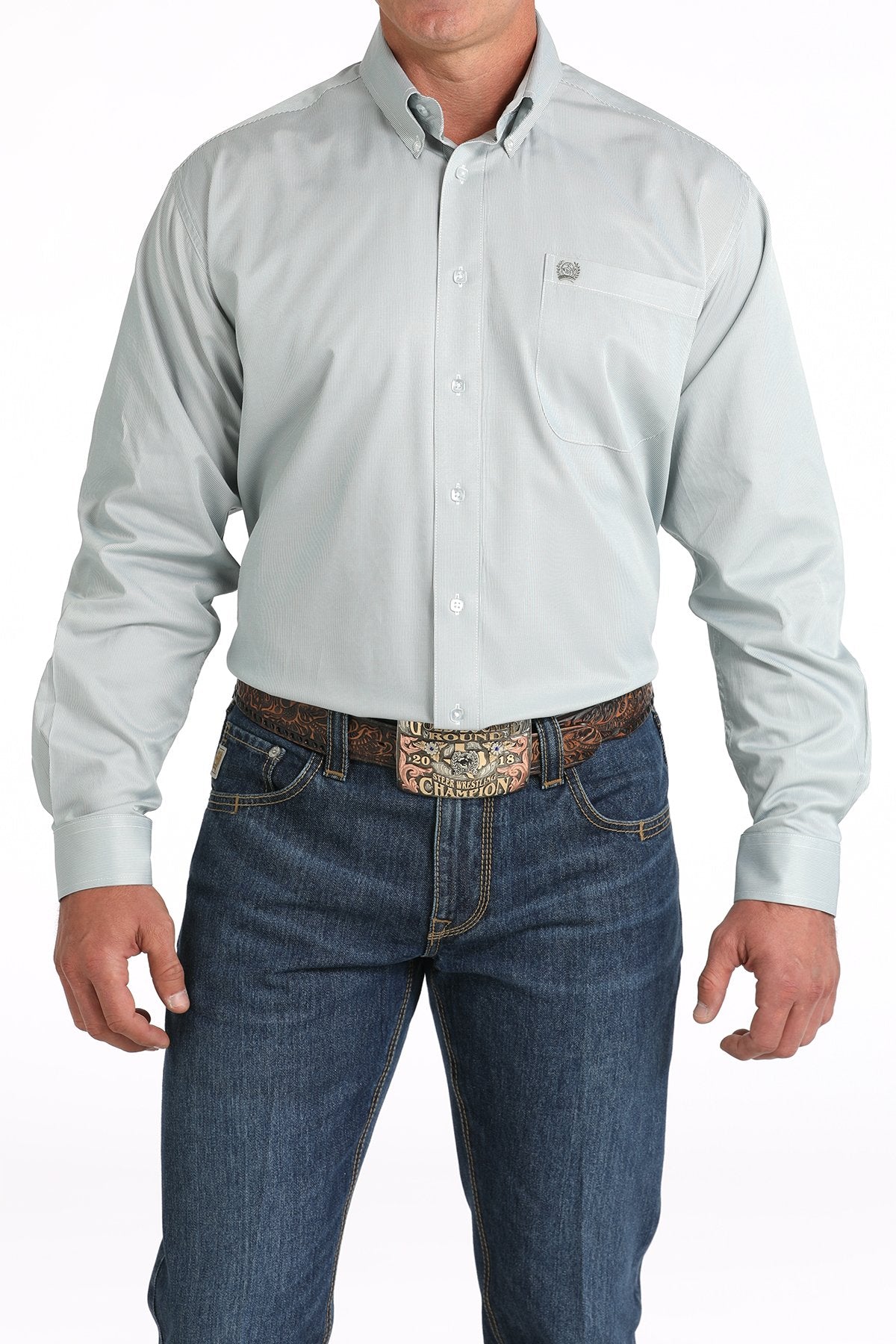 Cinch Men's TENCEL Micro-Stripe Print Button-Down Western Shirt - Green/White - (MTW1105814) Green