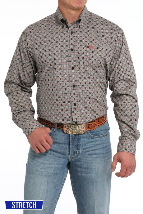 Cinch Men's Medallion Print Button-Down Western Shirt - Navy - (MTW1105855) Navy / Burnt Orange