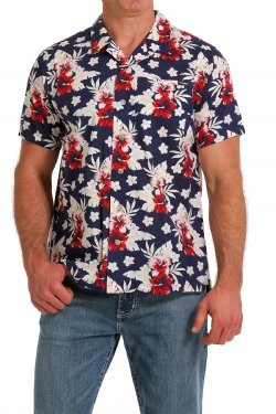 Cinch Men's Hawaiian Print Short Sleeve Camp Shirt - Blue / Red / White Blue / Red / White