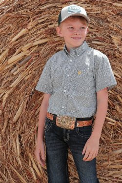 Cinch Boy's Geometric Print Button-Down Short Sleeve Western Shirt - Green Green