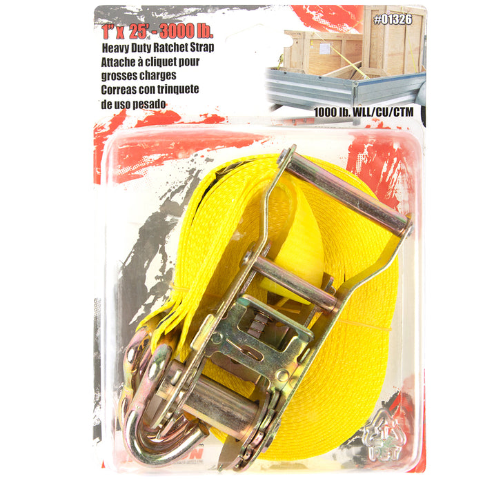 Erickson 1″ x 25′  3000 lb Ratchet Strap with Double J-Hooks YEL /  / 1INX25FT