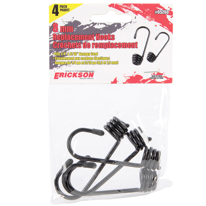 Erickson 4-pack, 8mm Replacement Bungee Hooks BLACK