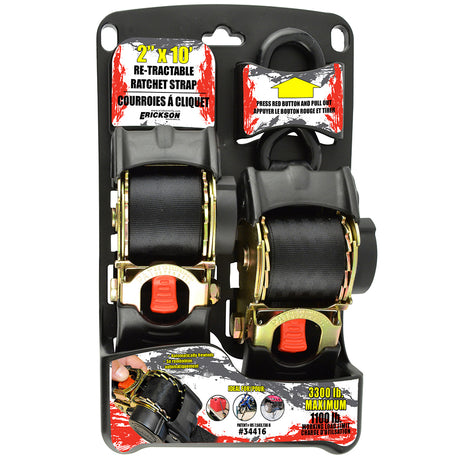 Erickson 2PK   2″ x 10′  3300 lb Re-Tractable 
Ratchet Straps BLACK /  / 2INX10FT