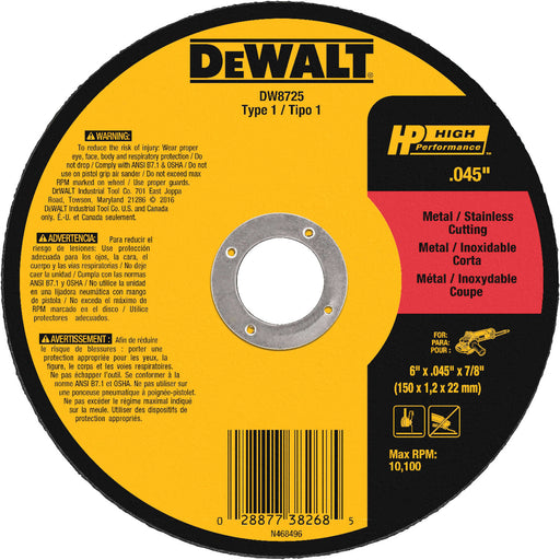 Dewalt 6 IN. X 0.045 IN. X 7/8 IN. HP Aluminum Oxide Cut-Off Wheel Type 1