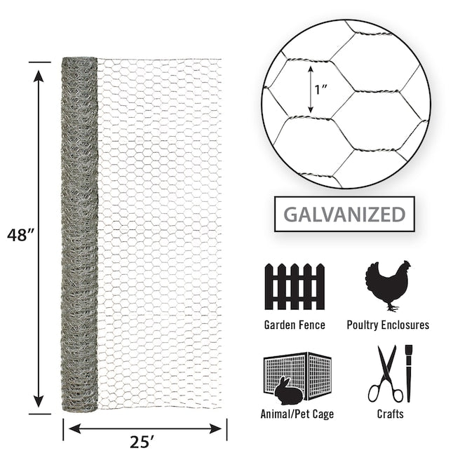 Garden Zone 48in x 25ft Galvanized Chicken Wire with 1in Openings 1IN_4X25FT_20GA