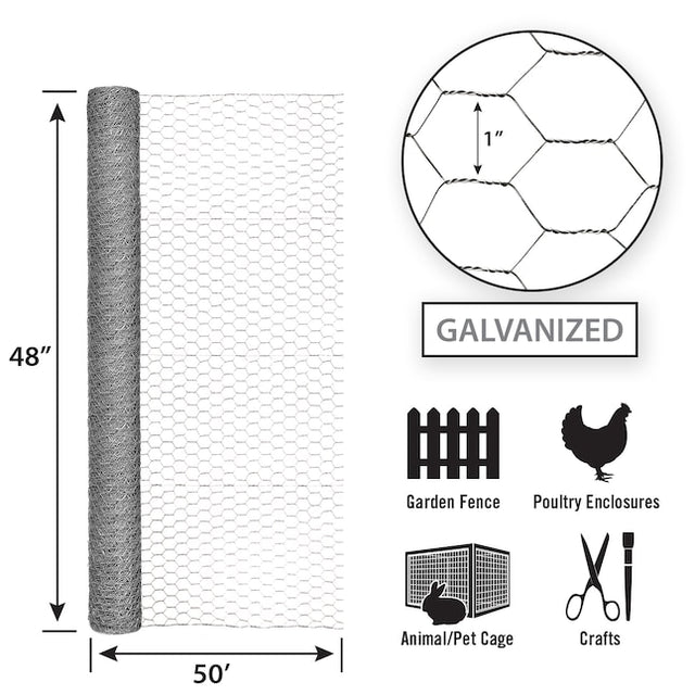 Garden Zone 48in x 50ft Galvanized Chicken Wire with 1in Openings 4X50_1IN_20GA