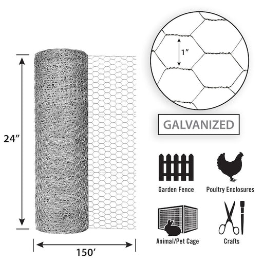 Garden Zone 24in x 150ft Galvanized Chicken Wire with 1in Openings 2X150_1IN_20GA