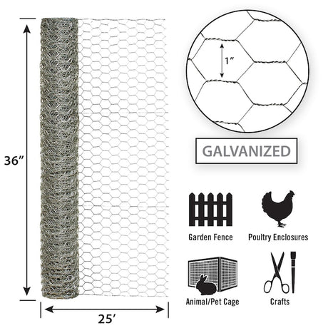 Garden Zone 36in x 25ft Galvanized Chicken Wire with 1in Openings 1IN_3X25FT_20GA