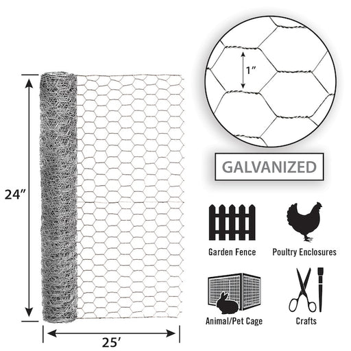 Garden Zone 24in x 25ft Galvanized Chicken Wire with 1 in Openings 1IN_2X25FT_20GA