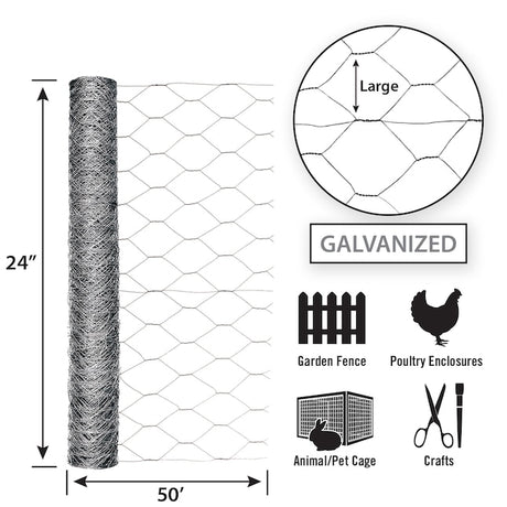 Garden Zone 24in x 50ft Galvanized Chicken Wire with 2in Openings 2X50FT_2IN_20GA