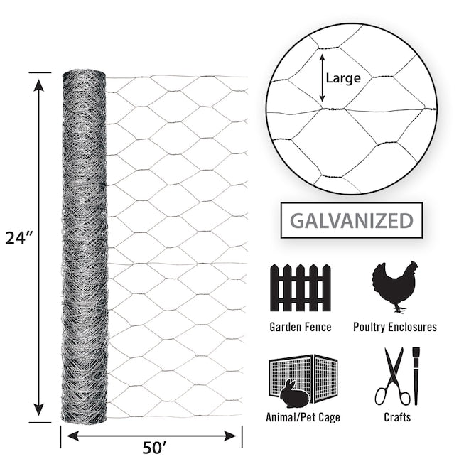 Garden Zone 24in x 50ft Galvanized Chicken Wire with 2in Openings 2X50FT_2IN_20GA