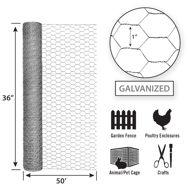 Garden Zone 36in x 50ft Galvanized Chicken Wire with 1in Openings 1IN_3X50FT_20GA